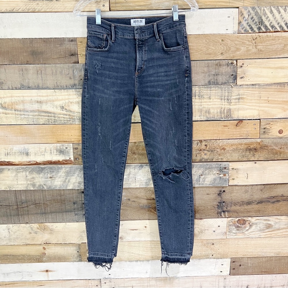 AGOLDE High Rise Distressed Raw Hem Skinny Jeans In Washed Faded Black